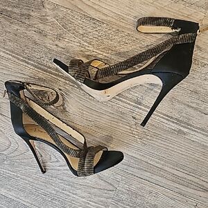 Black High Heel Sandals with Metallic Straps Some Peeling In The Inside Straps